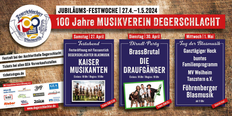100 Jahre Musikverein Degerschlacht: Jubiläums-Festwoche 27.4.-1.5.2024 